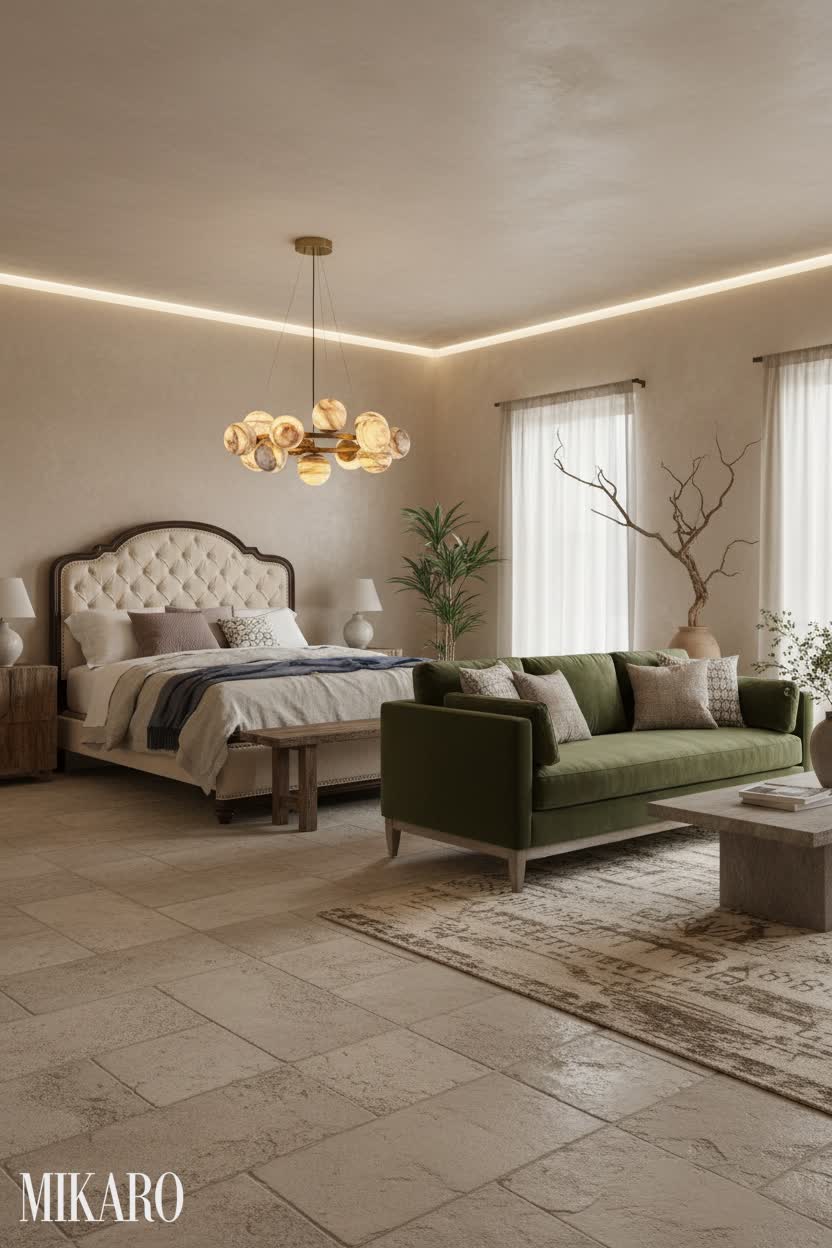 Wabi-Sabi Master Bedroom Retreat with Velvet Sofa & Sputnik Chandelier