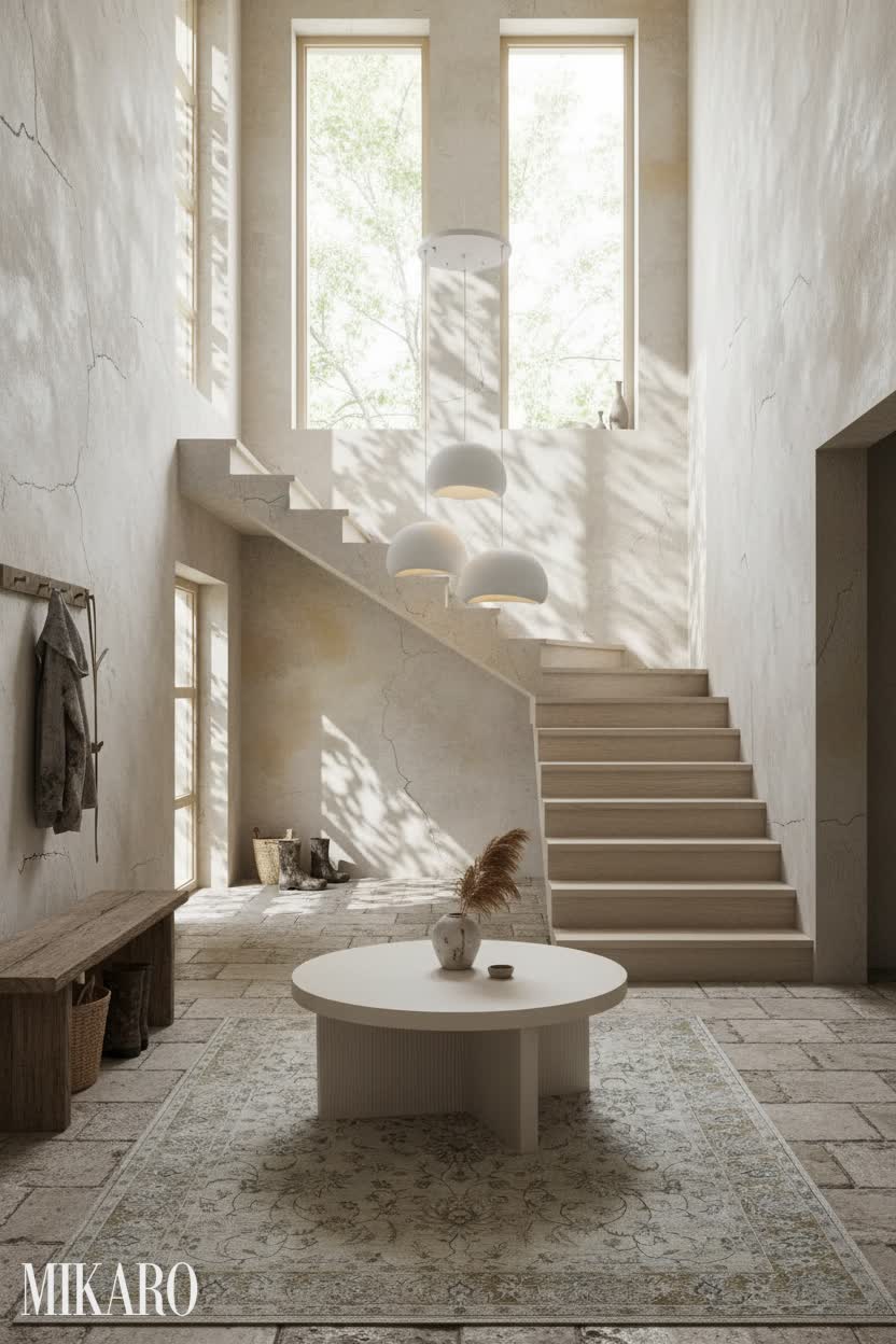 Wabi-Sabi: Serene Boot Room with Floating Stairs and Natural Light