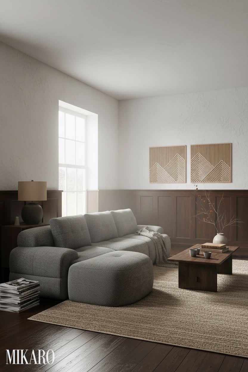 Wabi-Sabi: Serene Reading Nook with Mountain Art and U-Shaped Sofa