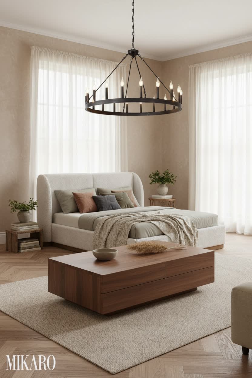 Wabi-Sabi Serenity: Expandable Coffee Table, Boucle Bed & Chandelier Living Room Design