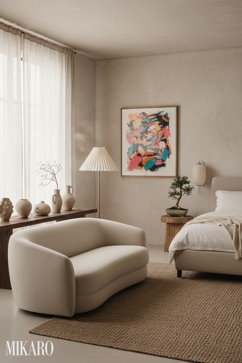 Wabi-Sabi Serenity: Modern Minimalist Living & Bedroom Retreat with Artful Accents
