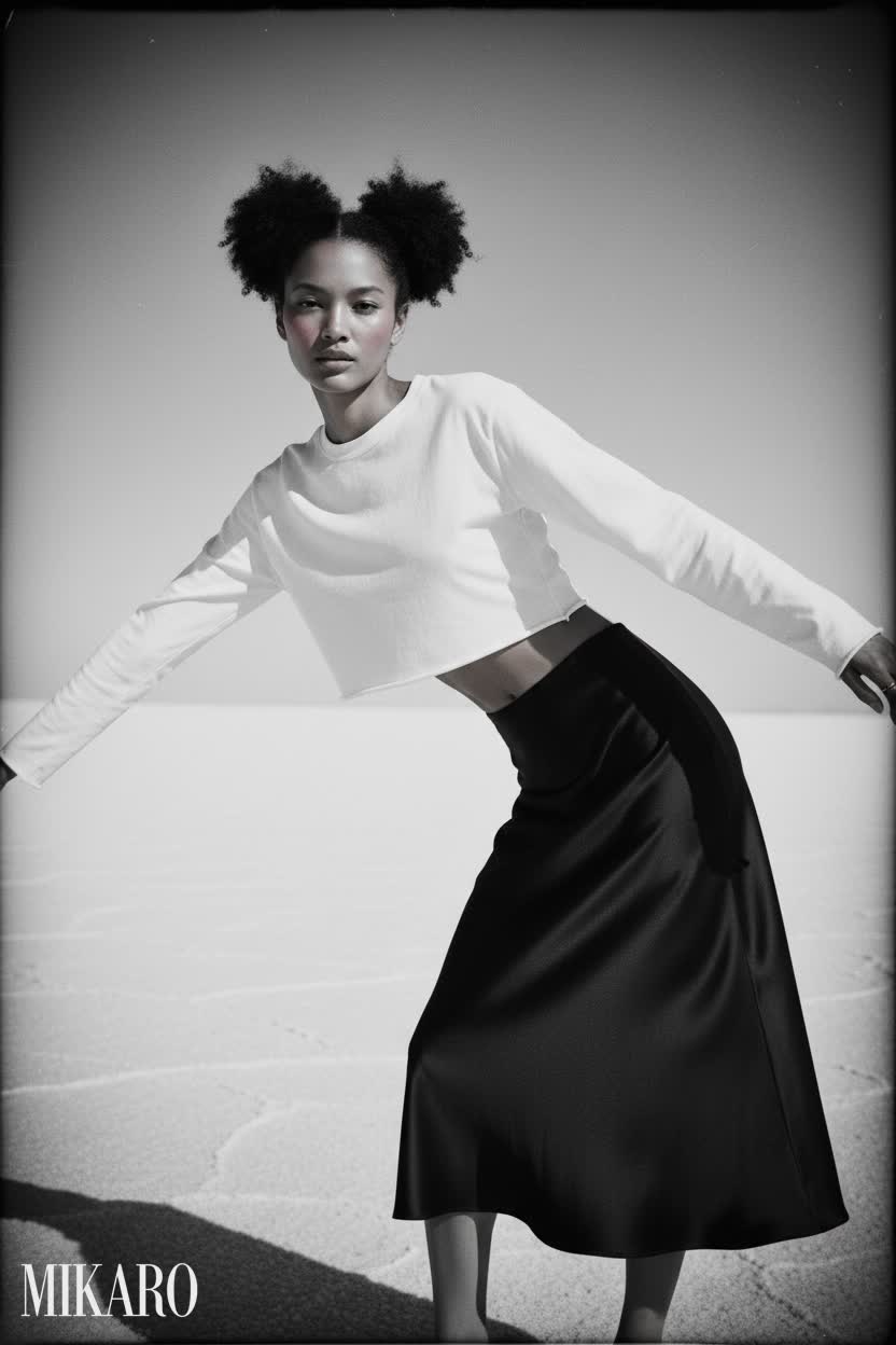 Washed White Crop Tee & Black Satin Midi Skirt