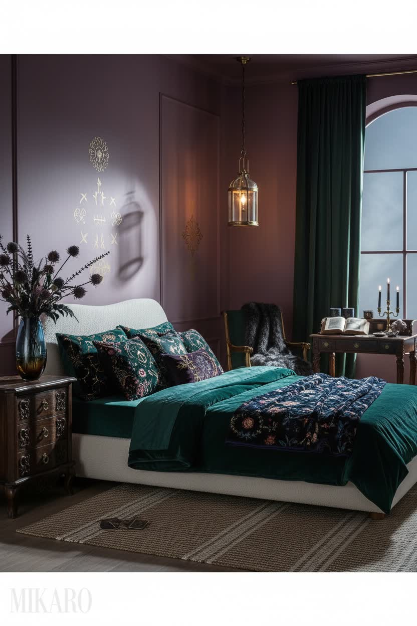 Whimsigoth Bedroom Retreat: Boucle Bed, Wool Rug & Nordic Vase for Mystical Chic