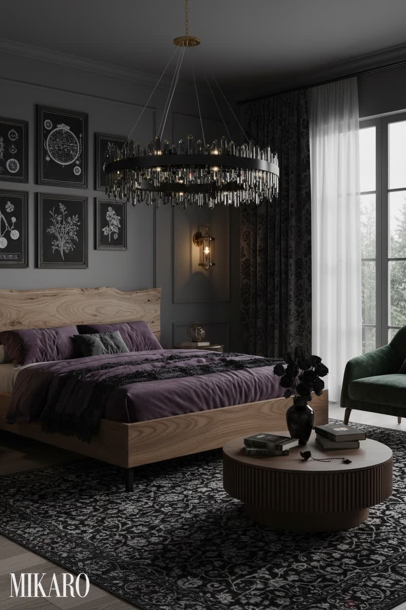 Whimsigoth Bedroom Retreat: Crystal Chandelier, Wood Bed & Coffee Table Dream
