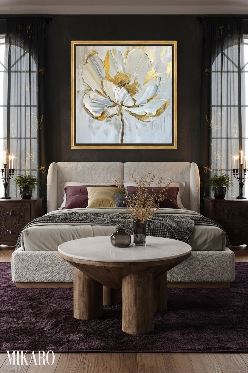 Whimsigoth Bedroom Retreat: King Bed, Marble Coffee Table, & Floral Art