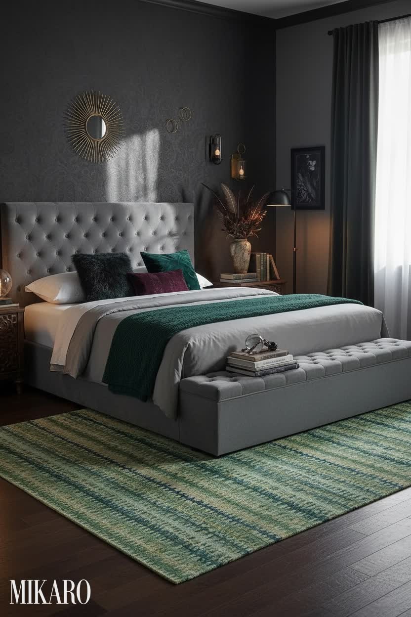 Whimsigoth Bedroom Retreat: Velvet Tufted Bed, Leather Sofa & Geometric Rug