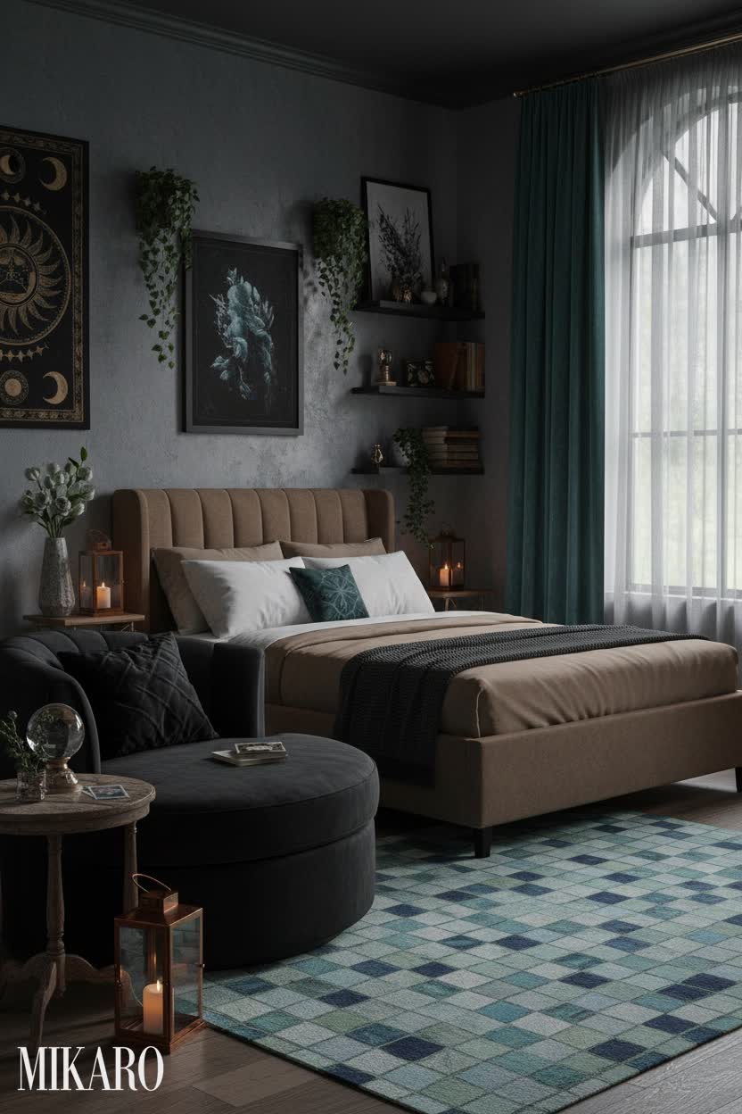 Whimsigoth Bedroom Sanctuary: Velvet Sofa, Upholstered Bed & Artful Rug