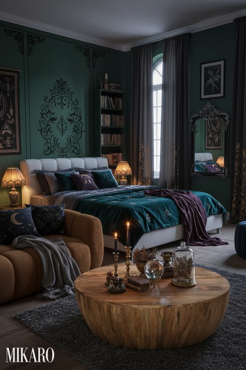 Whimsigoth Dream Bedroom: Emerald Hues, Luxe Boucle, & Enchanting Decor