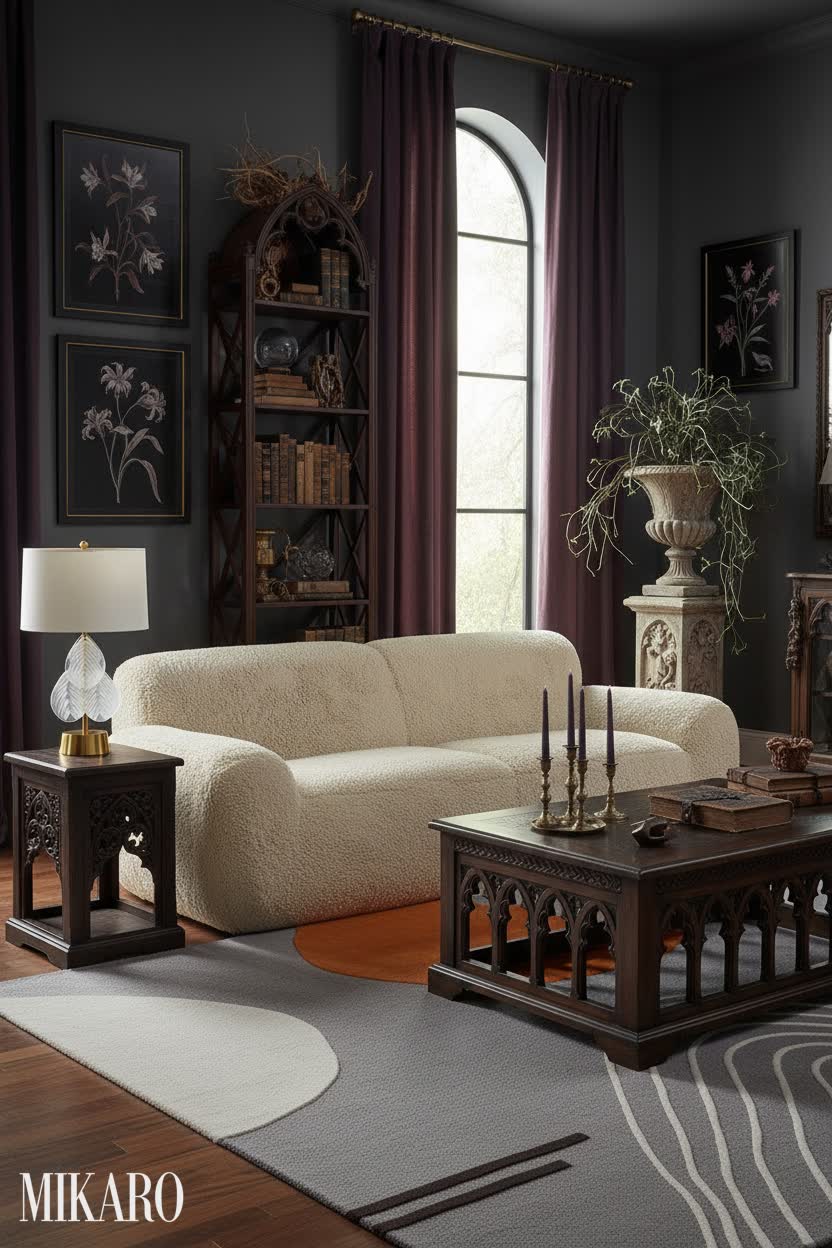 Whimsigoth Dream: Luxurious Living with Uttermost Sofa, SAFAVIEH Rug & ZABEES Lamp