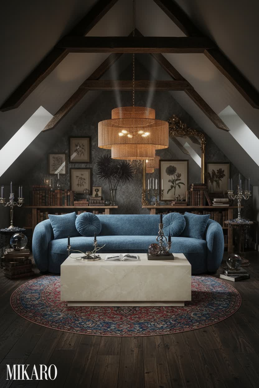 Whimsigoth: Enchanting Attic Atelier with Blue Boucle Sofa