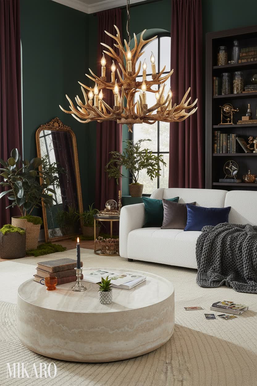 Whimsigoth Living Room: Antler Chandelier Focal Point