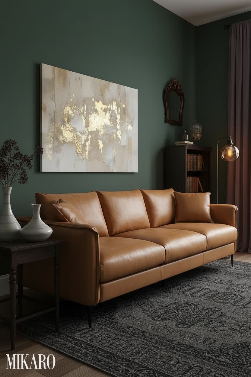 Whimsigoth Living Room: Cognac Leather Sofa, Fluted Vases & Abstract Art Interior Design