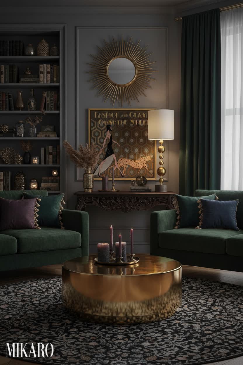 Whimsigoth Living Room: Dark Academia Glam with Gold Accents & Elegant Art