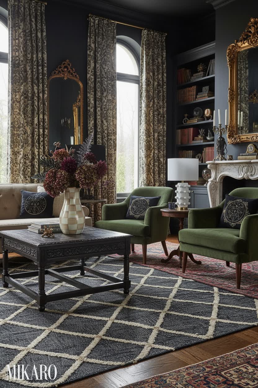 Whimsigoth Living Room Decor: Dash & Albert Rug, Mackenzie-Childs Vase, Henn&Hart Lamp