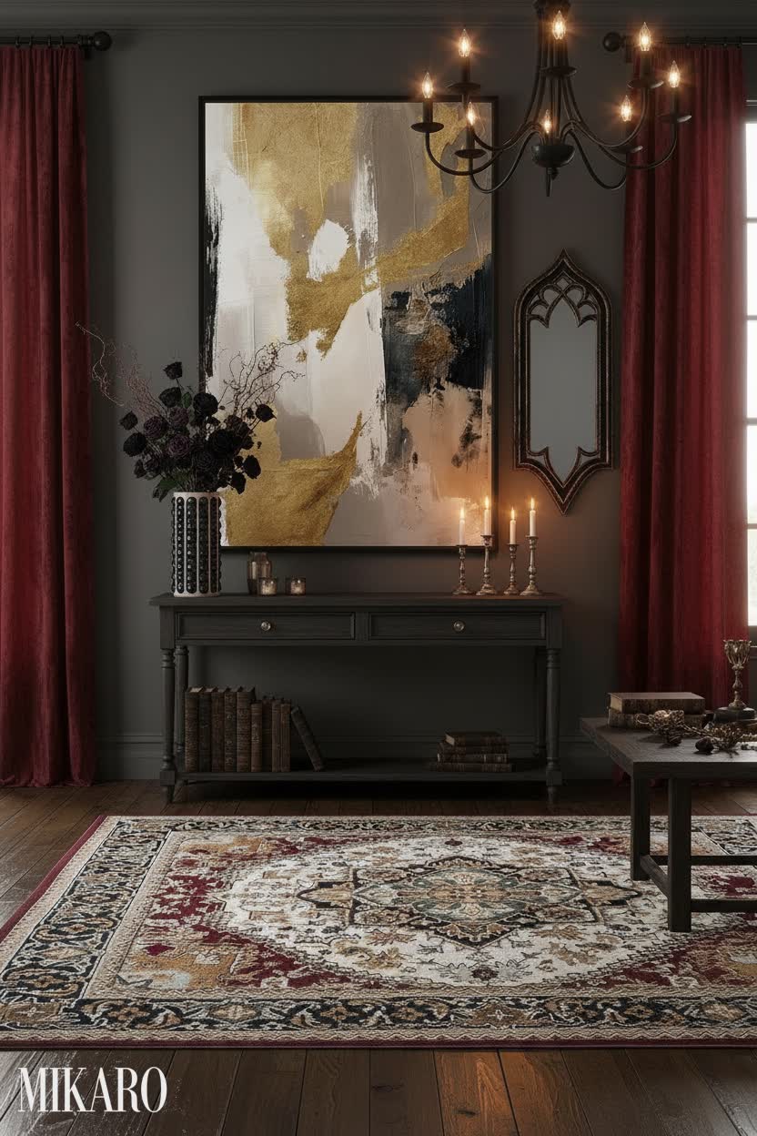 Whimsigoth Living Room Decor: Sahara Canvas Art, Heritage Rug & Bubble Vase Inspiration