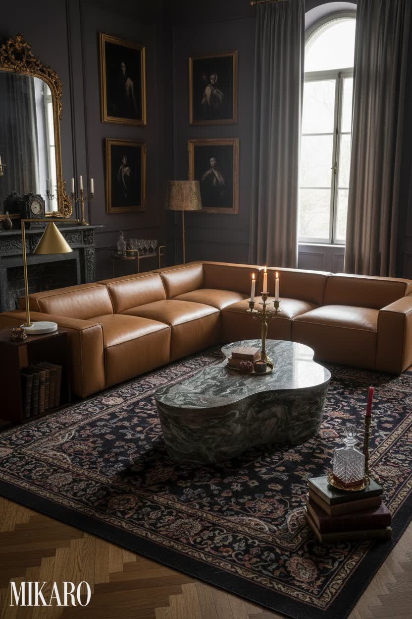 Whimsigoth Living Room: Modern Luxury with Modular Leather Sofa & Marble Coffee Table