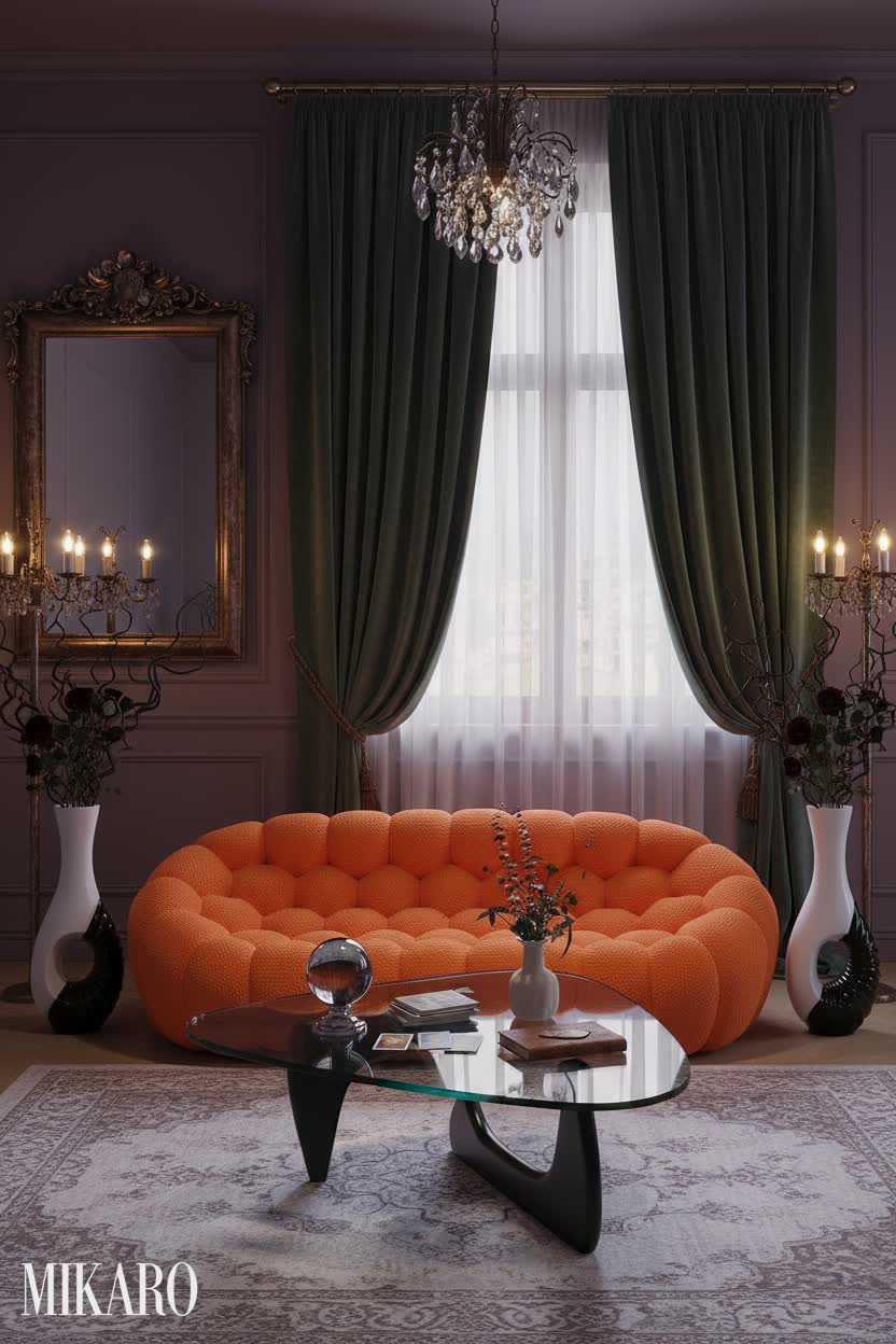 Whimsigoth Living Room: Orange Bubble Couch, Glass Coffee Table & Modern Vases - Unique Home Decor