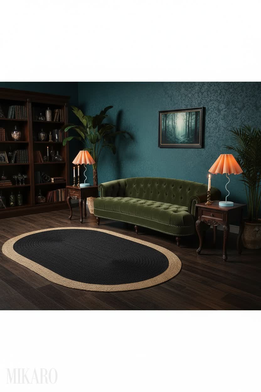Whimsigoth Living Room Retreat: Dark Jute Rug, Olive Chesterfield & Dimmable Lamp Decor