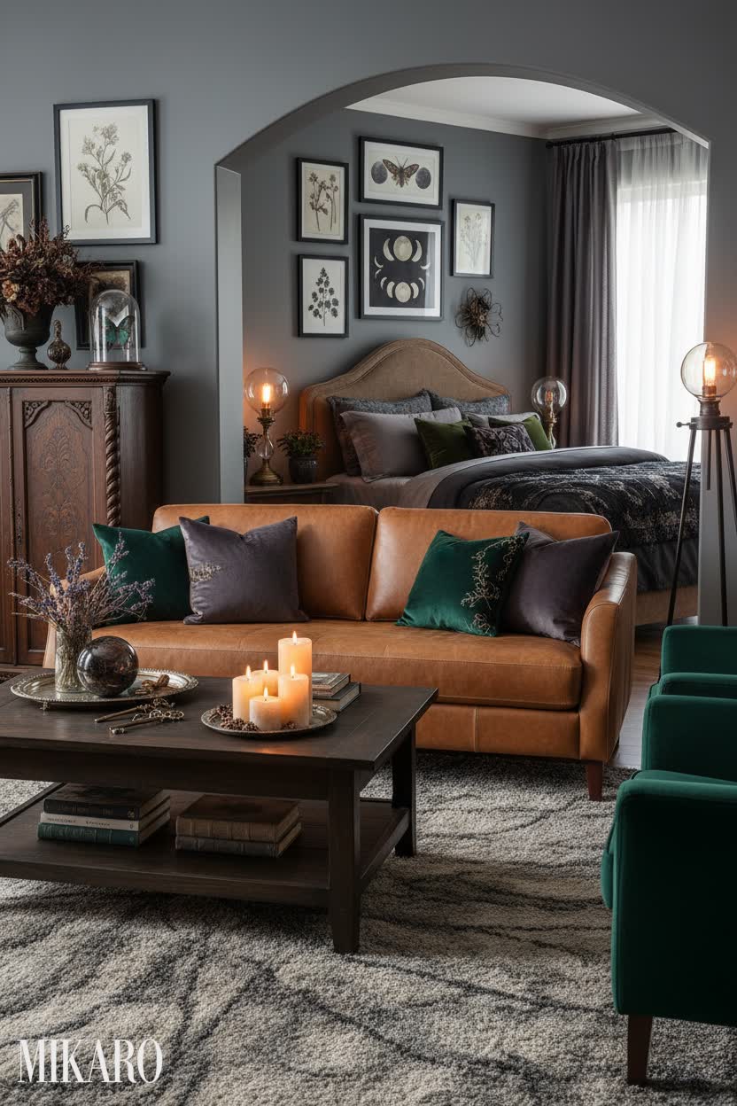 Whimsigoth Living Room: Sienna Leather Sofa, Abstract Rug & Mystical Decor