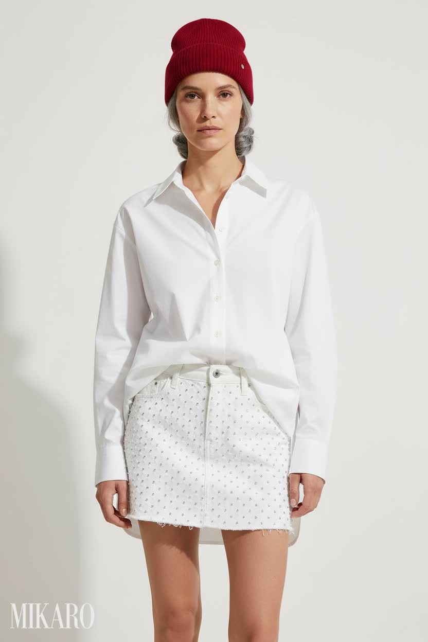 White Boyfriend Shirt & Studded Mini Skirt with Red Beanie