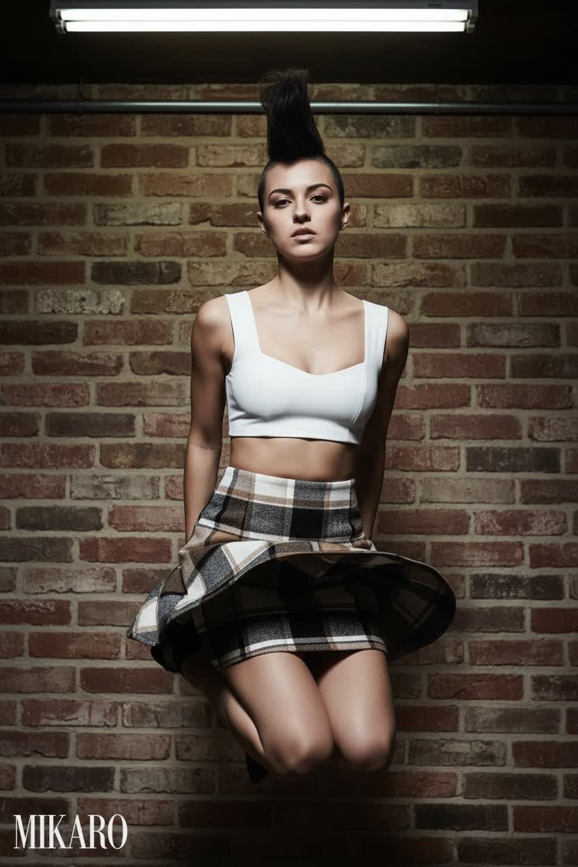 White Bra Top and Plaid Mini Skirt